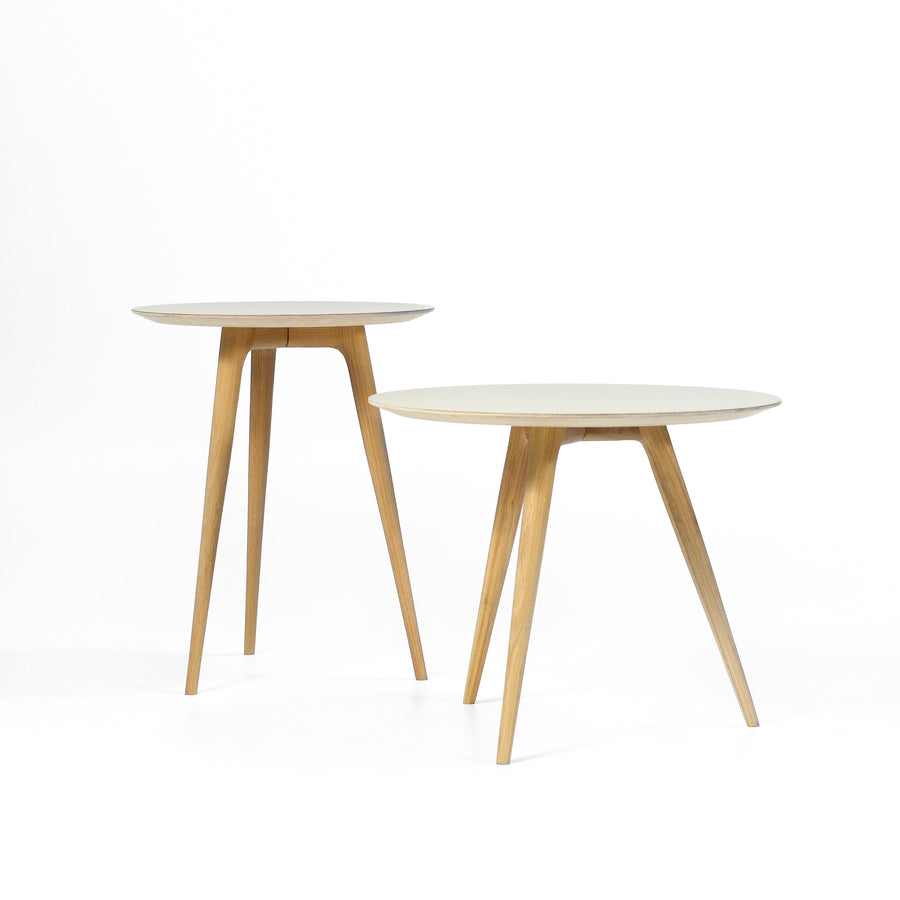 Gazzda Arp Side Table and Low Table in Whitened Oak and Mushroom Linoleum