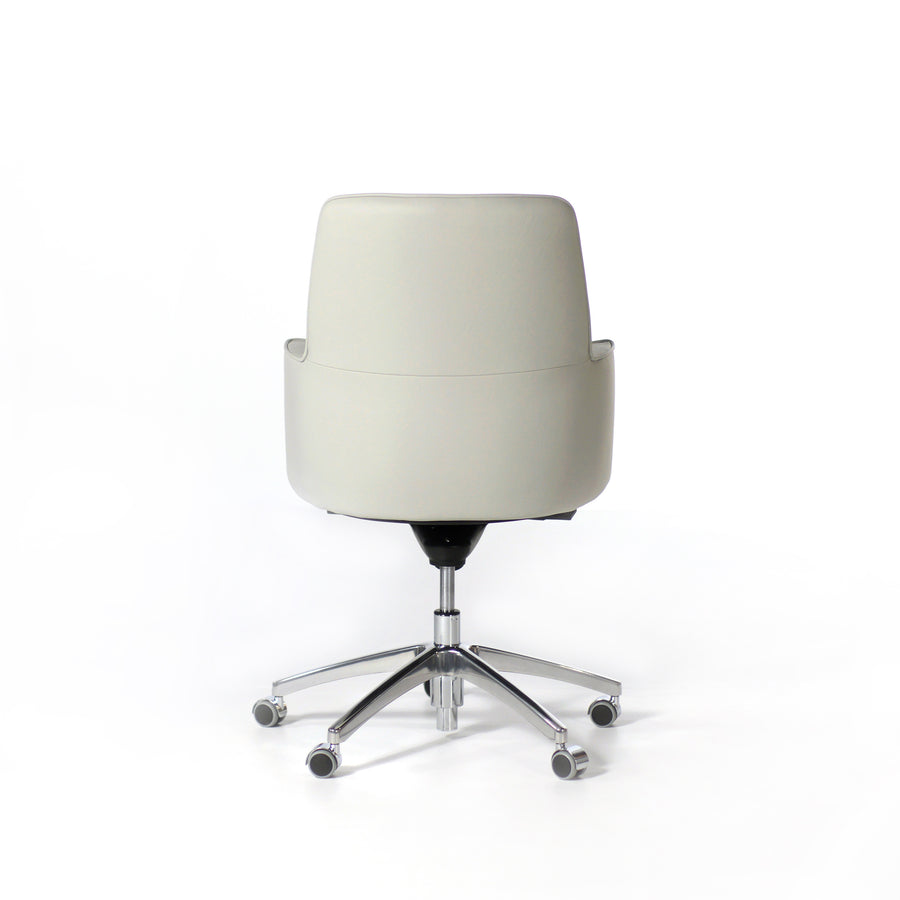 Estel Tulip Medium Back Chair in Pearl Grey Leather, back, © Spencer Interiors Inc.