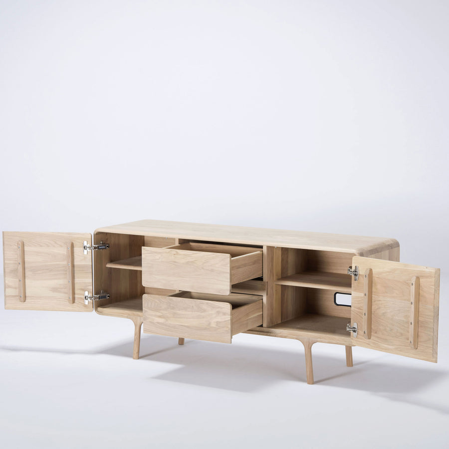 Gazzda Fawn Sideboard 150 in solid whitened Oak, doors and drawers open | Spencer Interiors