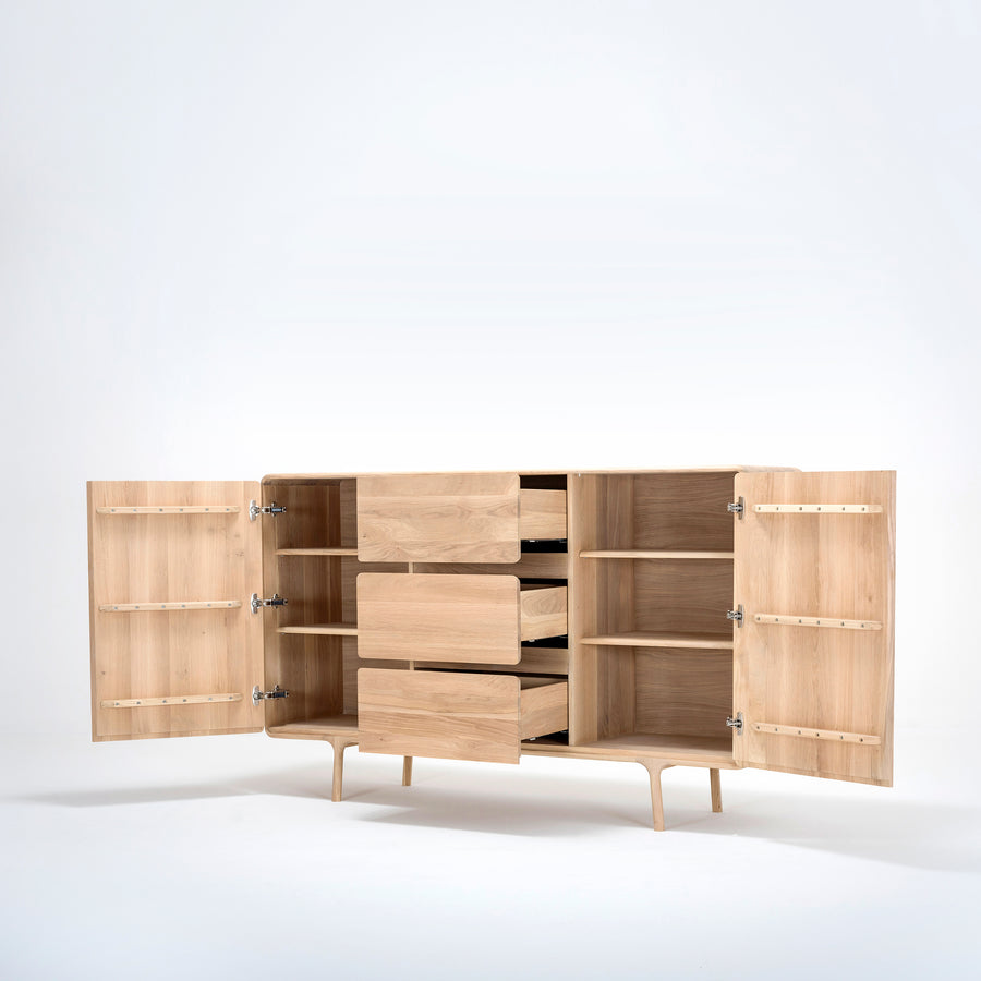 Gazzda, large Fawn Dresser in solid Oak, doors and drawers open | Spencer Interiors
