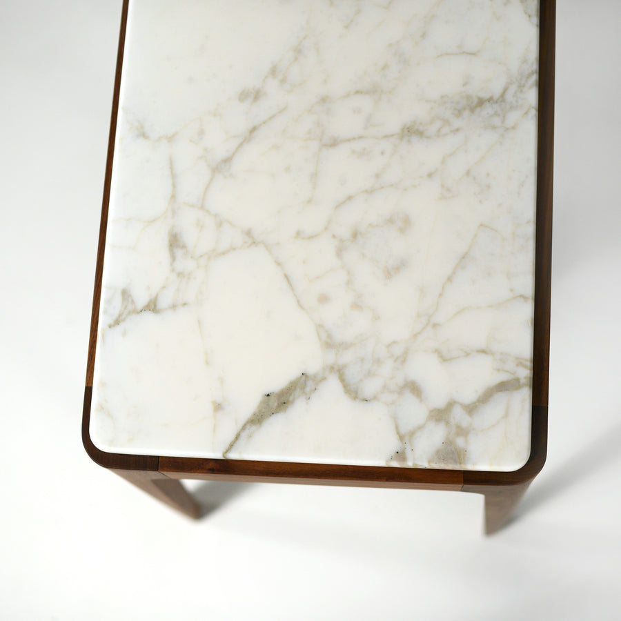 Porada Ziggy 4 Console in solid Walnut & Calacatta Gold, marble detail, © Spencer Interiors Inc.