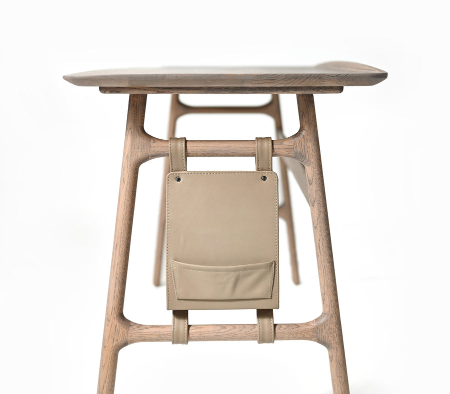 WOAK DESIGN Malin Working Desk in Taupe Oak, leather pouch detail, ©Spencer Interiors Inc.