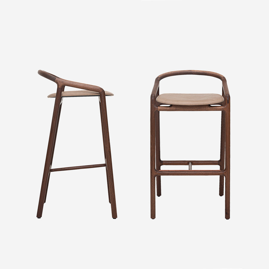 WOAK Brioni Stool in solid Wood, Walnut, profile and front