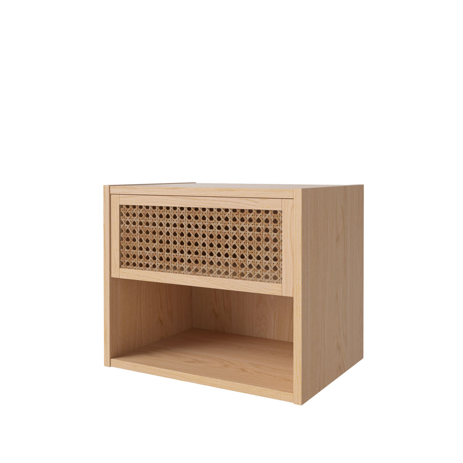Cana Wall Mounted Bedside Table With Shelf. White Pigment Oak, front turned
