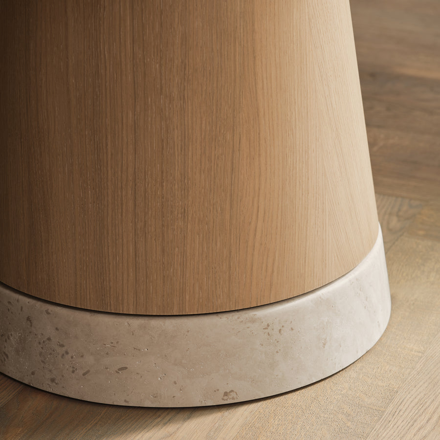 BOLIA Piro Dining Table 125 cm, White Pigmented Oak, Travertine base detail