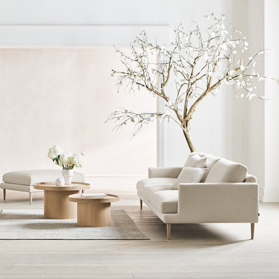 BOLIA Plateau Coffee Tables, Lacquered White Pigmented Oak, with Veneda Sofa, ambient