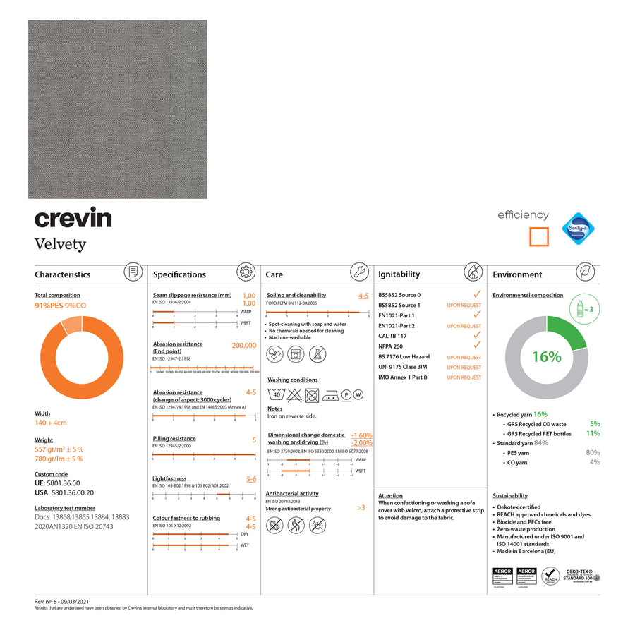 Crevin Velvety fabric, technical information