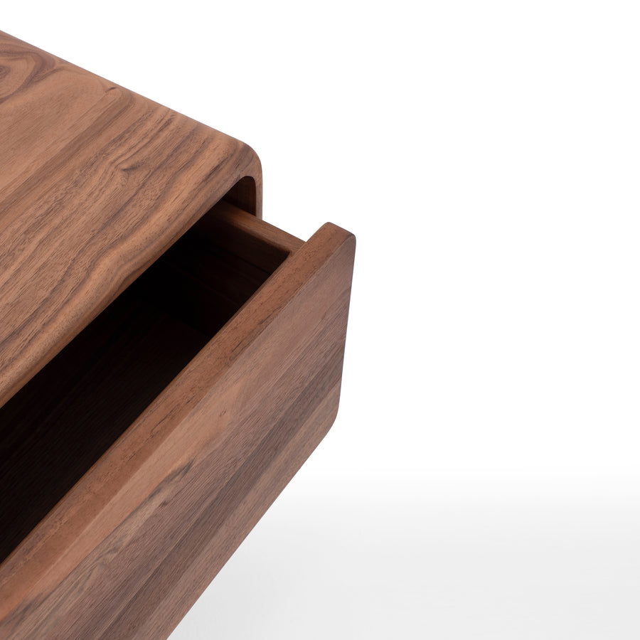 GAZZDA Fawn Lowboard with Drawers in solid Walnut, drawer partially open detail