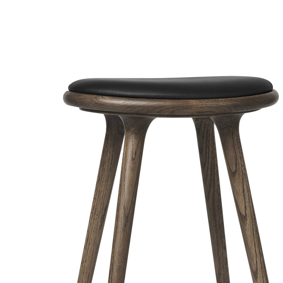 Mater High Stool, Dark Stained Oak, & Black Leather, detail