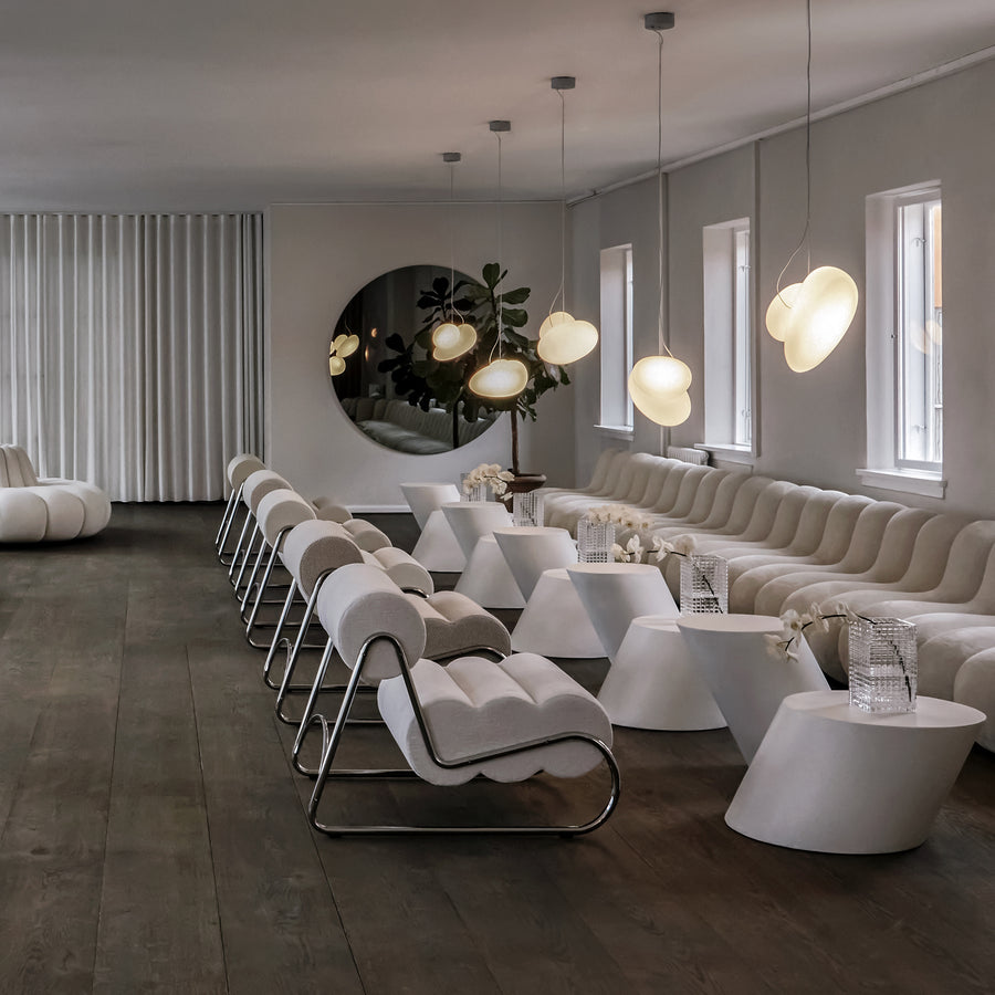 NORR11 Fave Chairs in White Covers with Chrome Frame, ambient