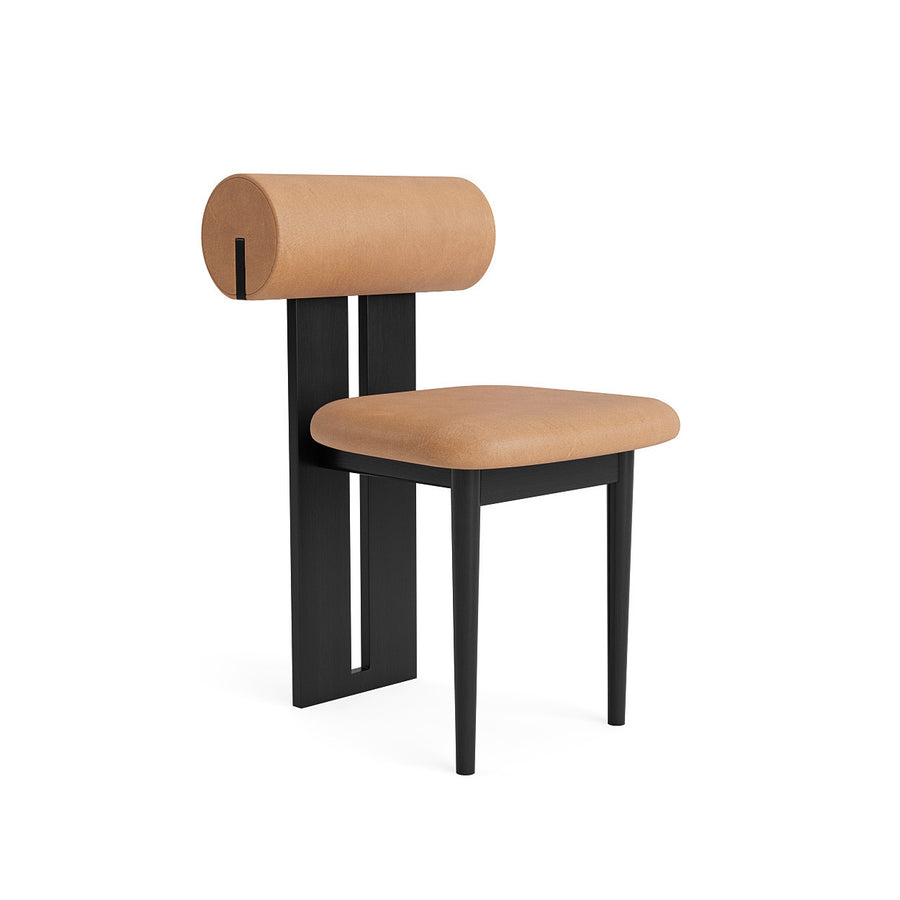 NORR11 Hippo Dining Chair, Black Oak, Camel Leather, side turned