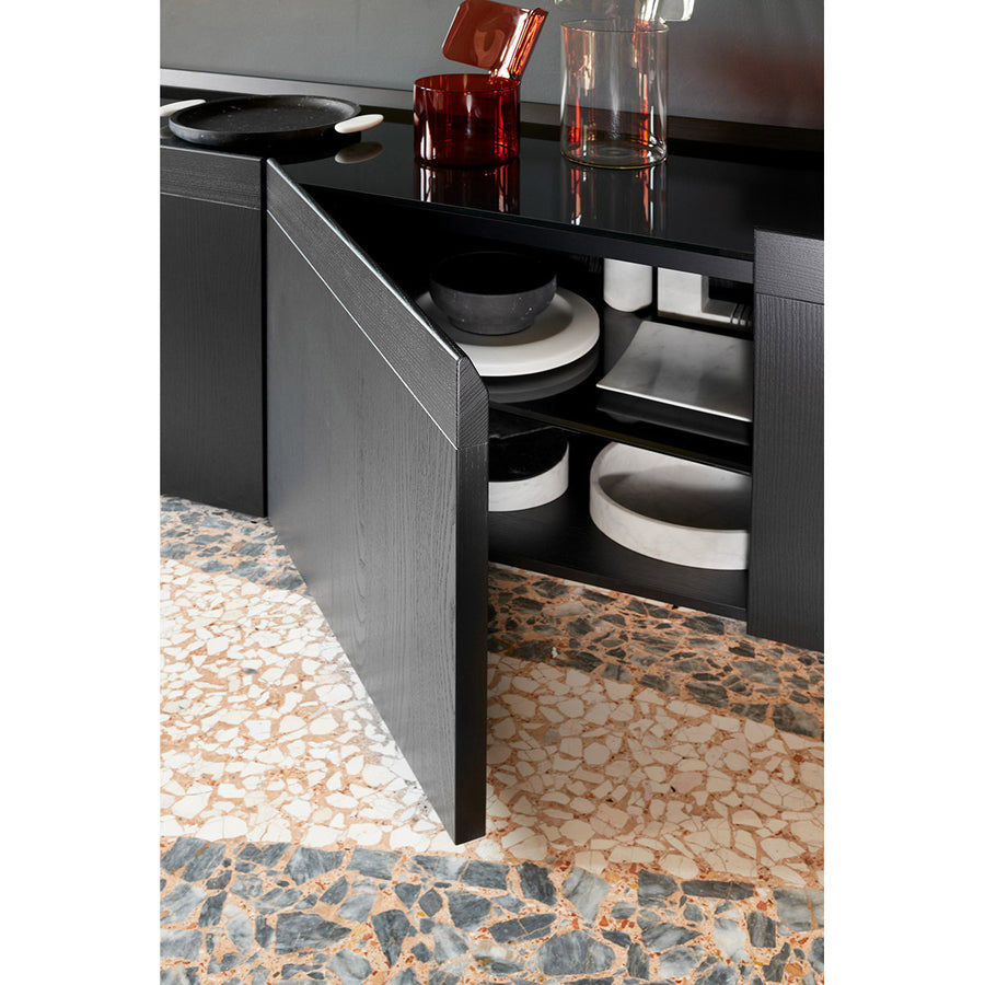 Potocco Avant Cabinet, back painted black glass top