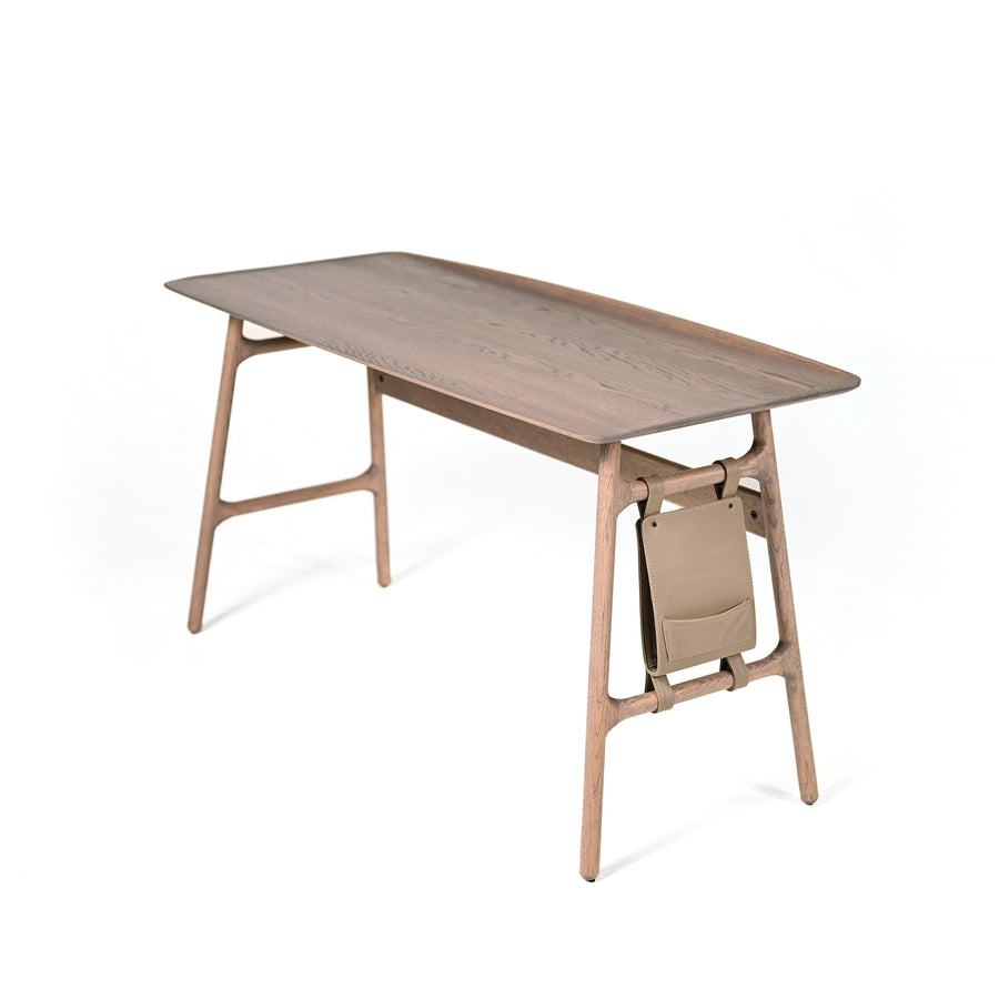 WOAK DESIGN Malin Working Desk in Taupe Oak, front turned, ©Spencer Interiors Inc.