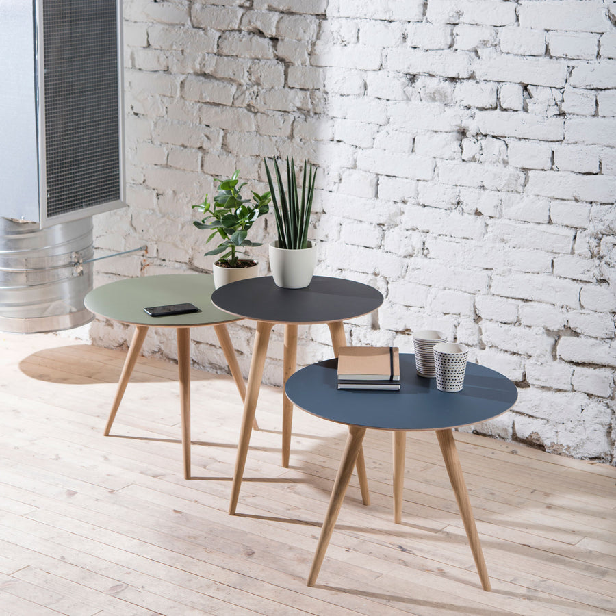 Gazzda Arp Side Tables  in whitened Oak and Smokey Blue Linoleum