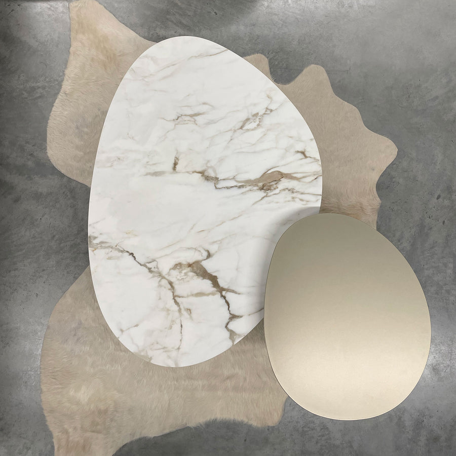 Bonaldo Kumo 100 Calacatta Silk ceramic top, Kumo 53 Pearl Gold Metal Finish, © Spencer Interiors Inc. 2022
