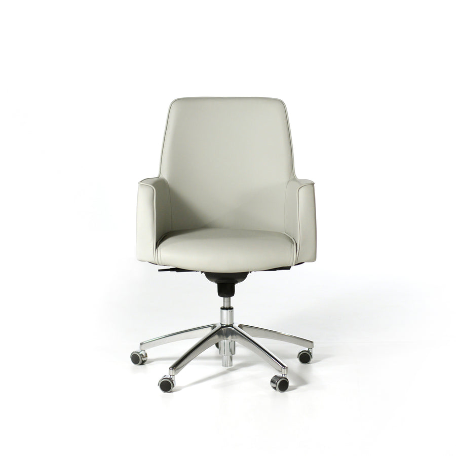 Estel Tulip Medium Back Chair in Pearl Grey Leather, © Spencer Interiors Inc.