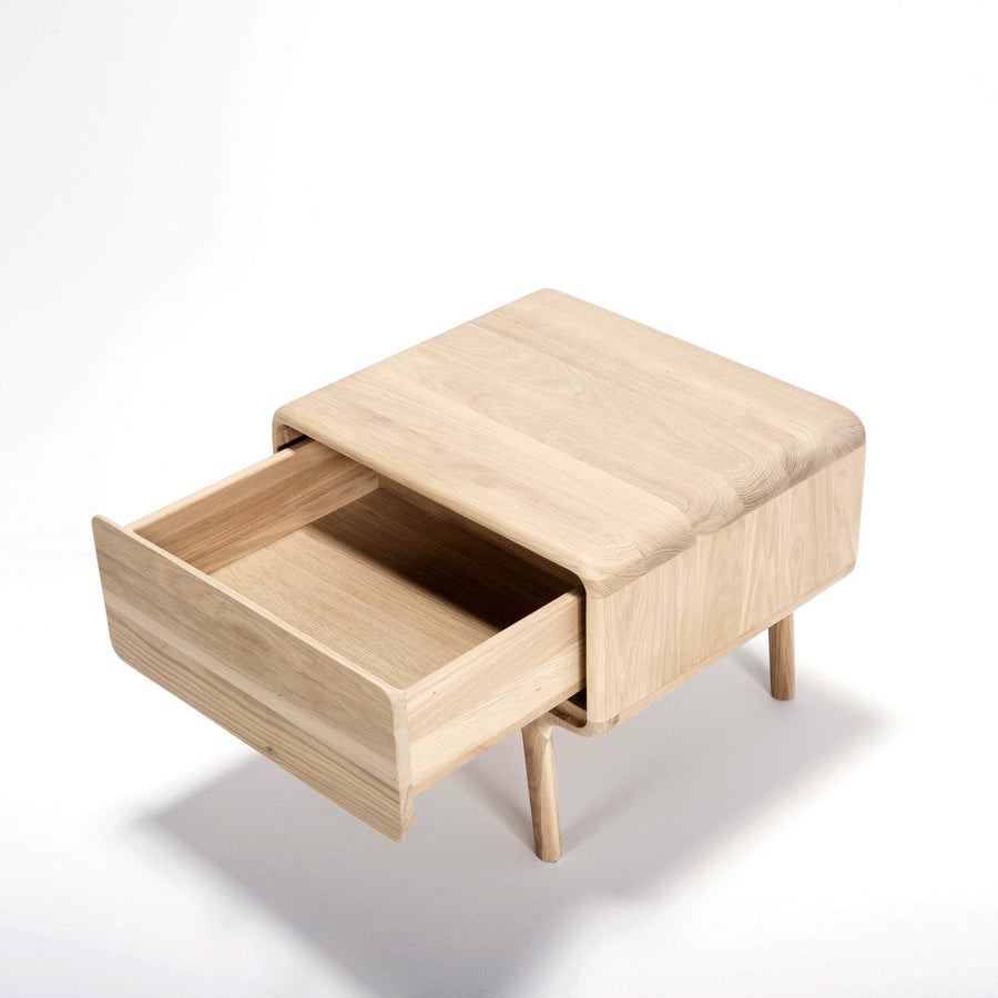 GAZZDA Fawn Nightsand in solid whitened Oak, drawer open