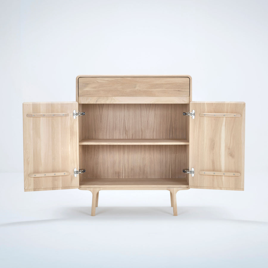 Gazzda Fawn Cabinet in solid Oak , doors open | Spencer Interiors