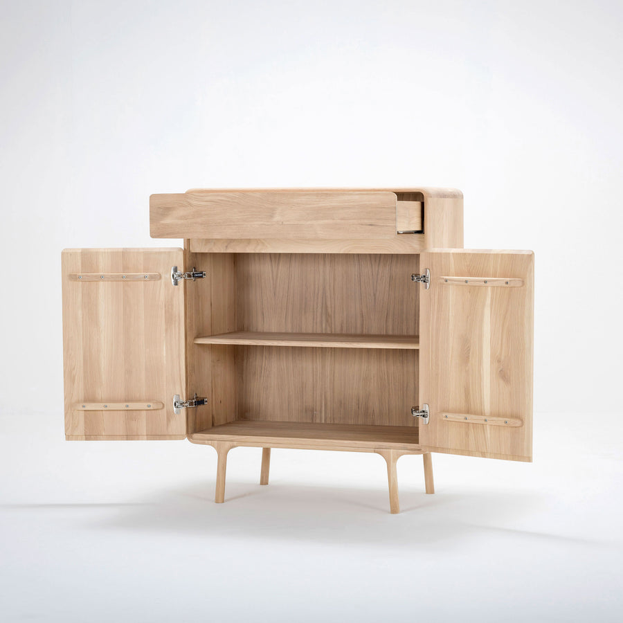 Gazzda Fawn Cabinet in solid Oak , doors and drawer open  | Spencer Interiors