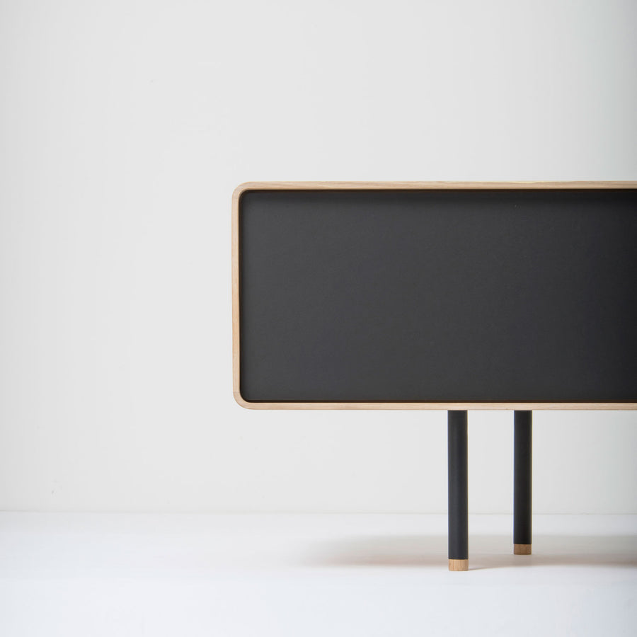 Gazzda Fina Lowboard 200 TV Stand in solid Oak & Black Linoleum, drawer detail 3, made in Europe