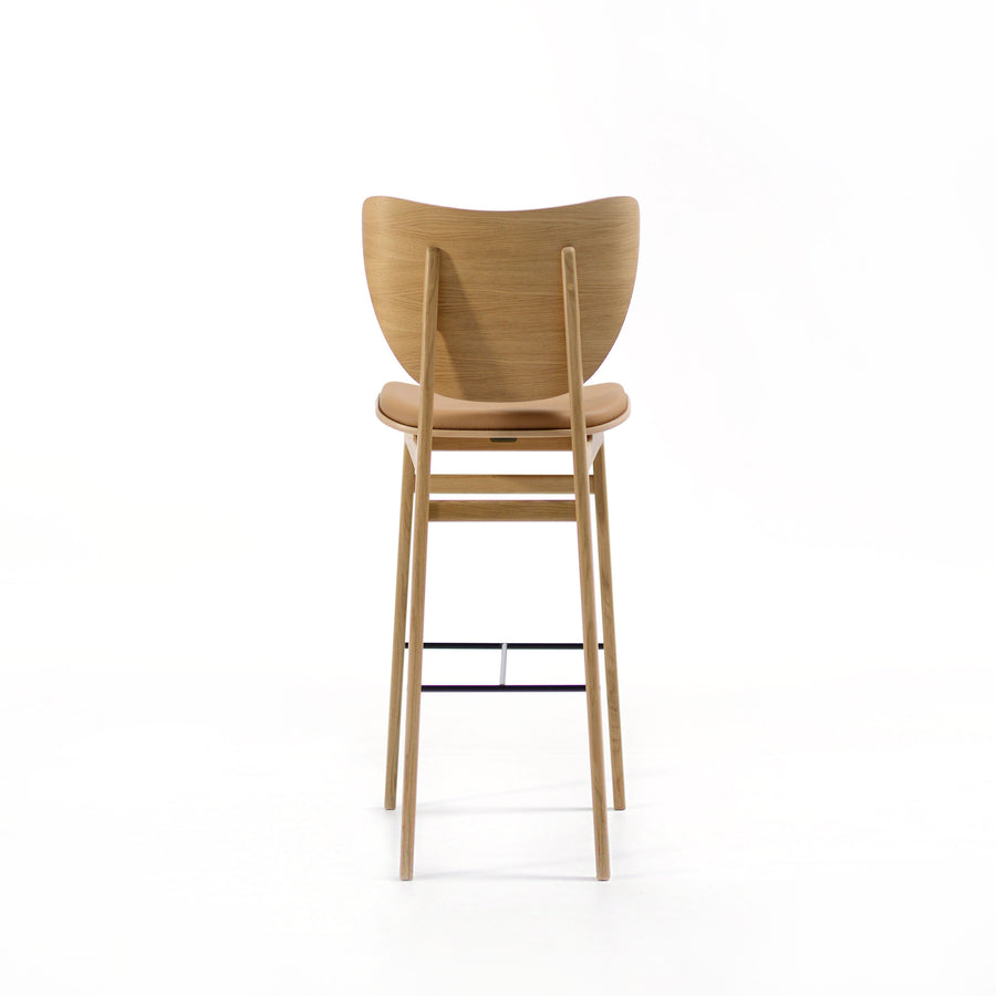 Norr11 Elephant Bar Stool, Natural Oak, Camel Leather, Back view, Spencer Interiors