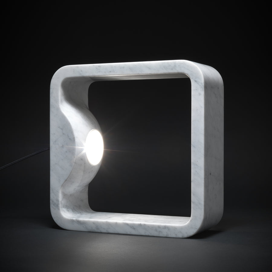 Tato Italia, Quattrolati Table Lamp in Solid Carrara Marble, illuminated